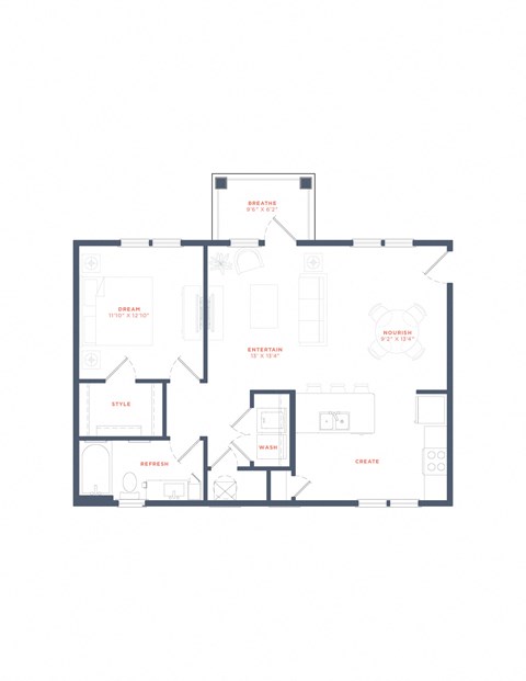 Floor plan for 1 bed, 1 bath, 857 sqft